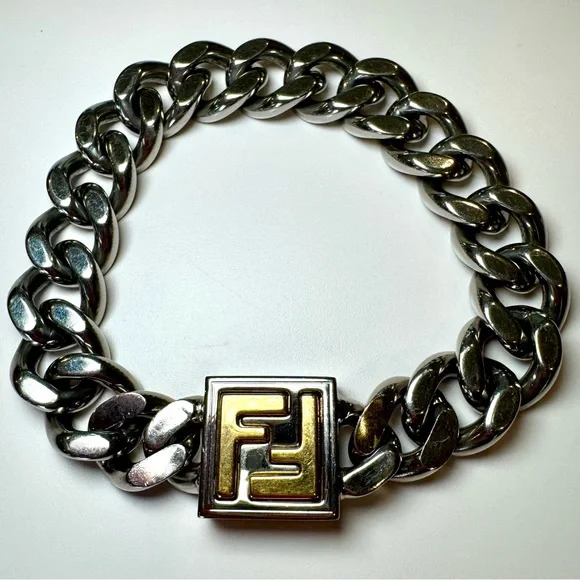 Fendi FF Logo Chain Link Bracelet In Silver And Gold Tone Metal, Size Small - Picture 2 of 12